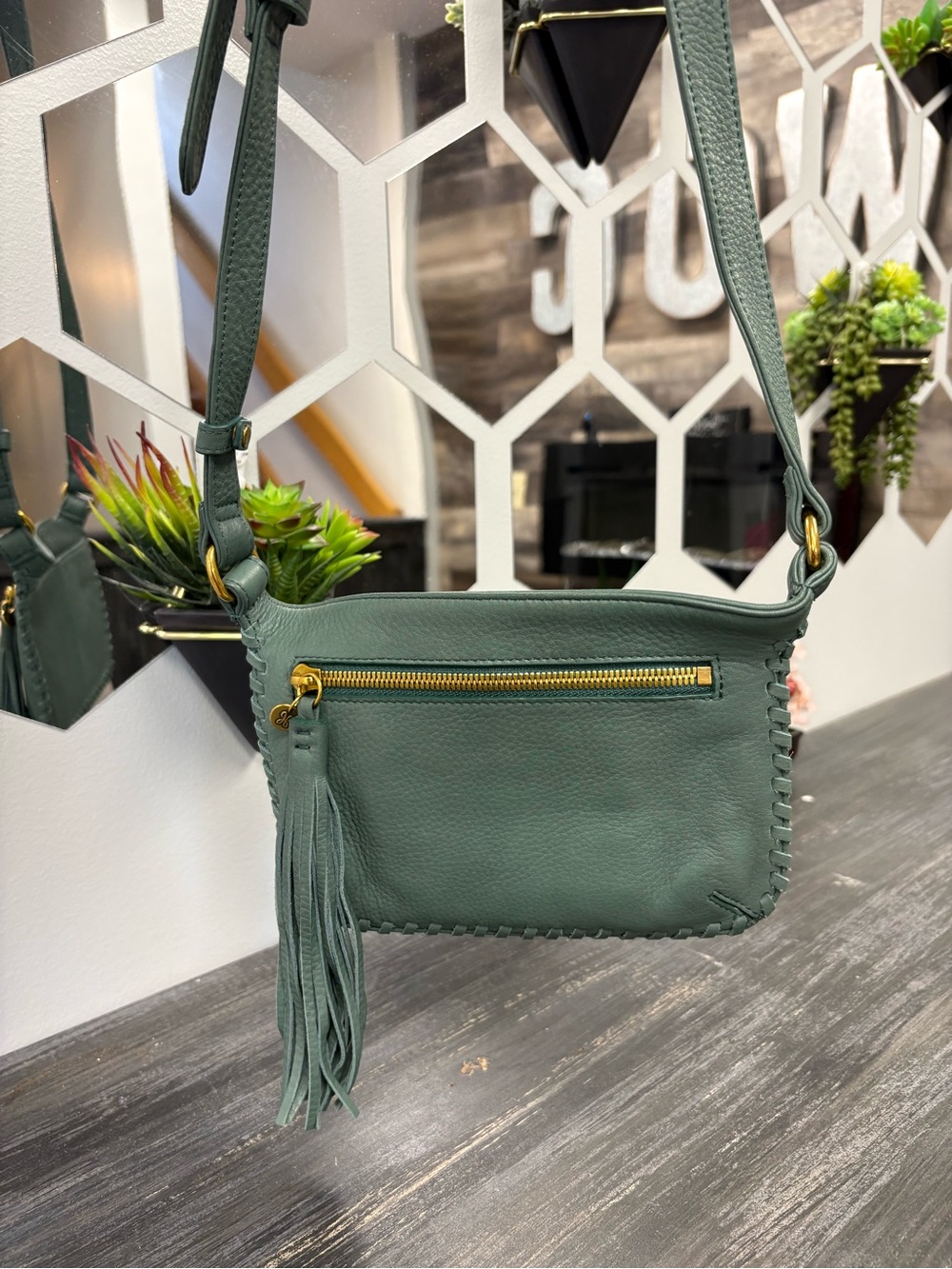 HOBO Small Green Leather Crossbody with Tassel and Front Zip Bag
